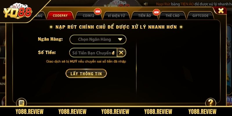 Điền thông tin Nạp tiền Yo88